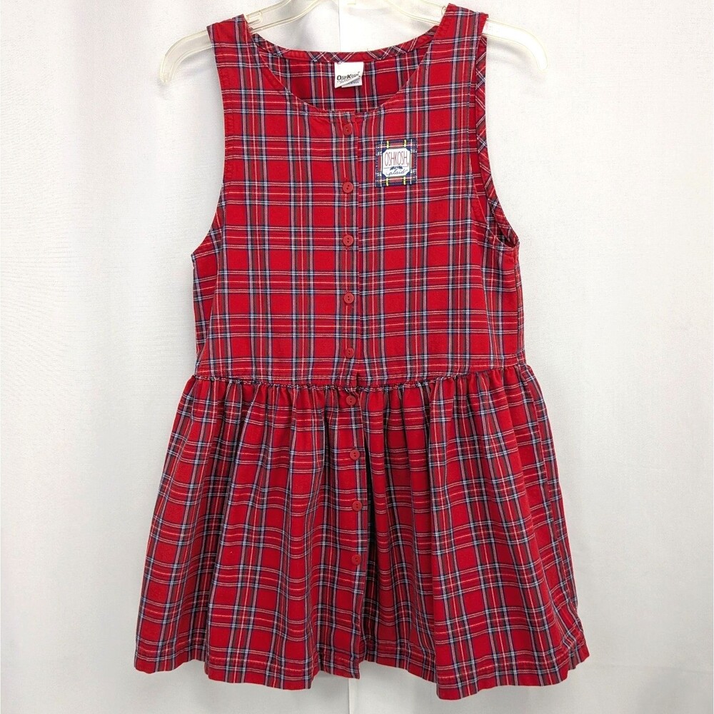 Vintage Oshkosh Red Plaid Button Up Jumper Dress Made In USA Girls Size 10